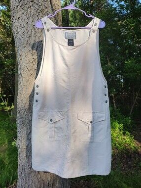 Cream White Overall Jumper Mini Dress M Cottage Prairie 90s Y2K Pockets Buttons